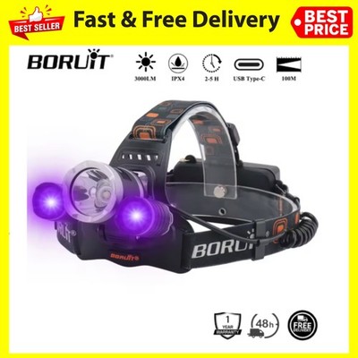 BORUiT RJ-3000 UV LED Headlamp 390nm 3000LM Type-C Rechargeable Waterproof