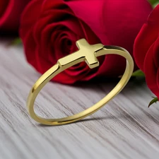 Gold Sideways Cross Stacking Ring Women Solid 10K/14K Yellow or White Gold
