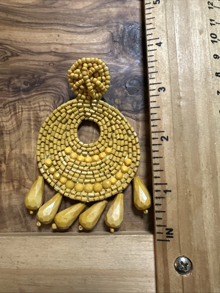 Sunshine Yellow Beaded Round Dangle Pierced Earrings Boho Statement  - Image 3 of 3