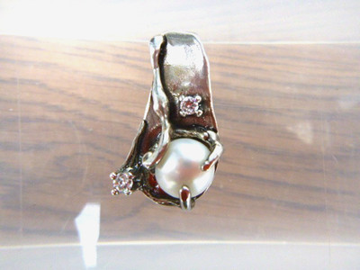 Studio Vintage Brutalist Sterling Cultured 10 mm Pearl Pendant with CZ Accents