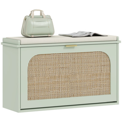 Schuhbank hellgrün 80x26x47,5cm MDF Spanplatte Leinen gepolsterte Sitzfläche Rattan