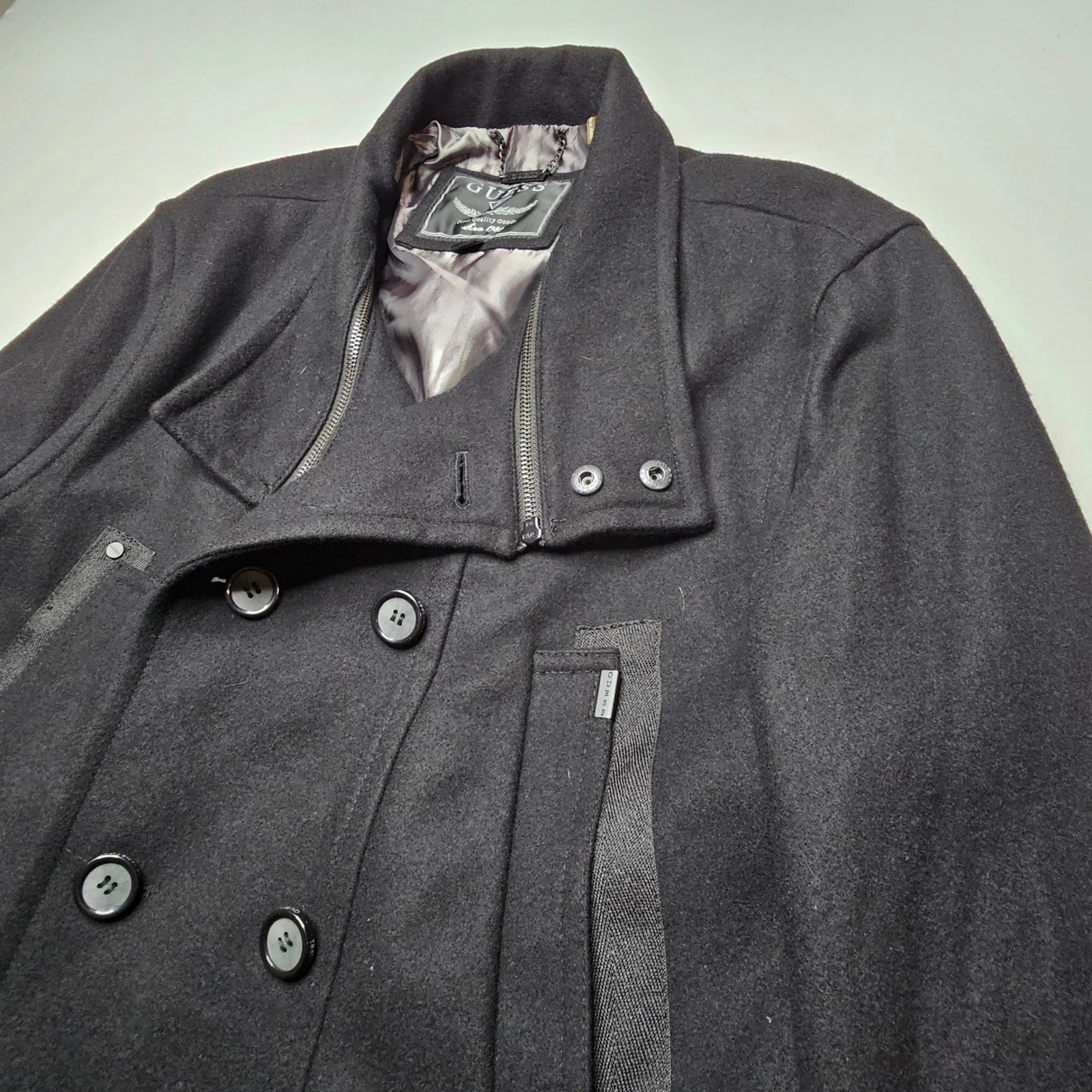 Guess Men XL Peacoat Black Wool Blend Double Breasted Zipper Bib M04110AB944 - product detail image 1