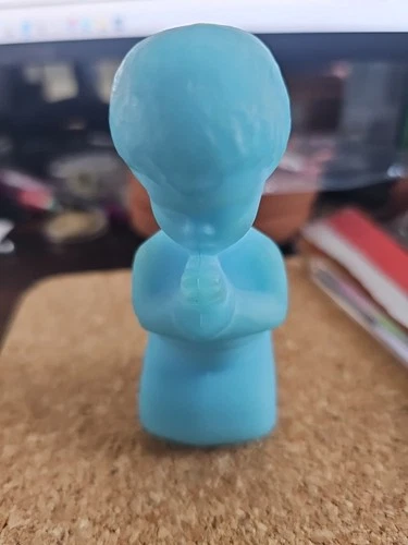 Vtg Fenton Blue Satin Custard Glass Boy Praying Figurine