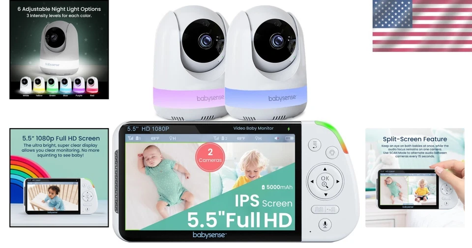 Monitor de bebé Full HD pantalla dividida 2 cámaras luz nocturna audio bidireccional Foto 2 de 4