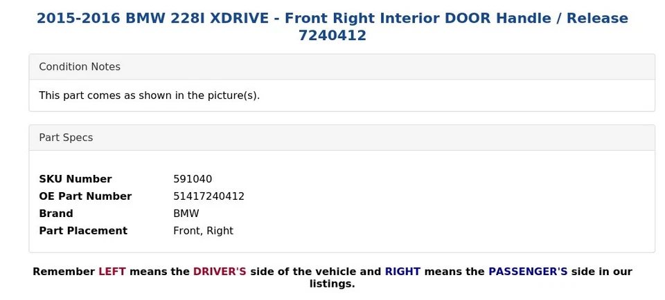 BMW 228I XDRIVE 2015-2016 - Manija de puerta interior delantera derecha / liberación 7240412 Foto 4 de 4