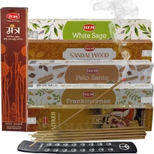 Hem Incense Sticks Variety Pack Masala Series and Holder Burner Bundle with 6 Cl