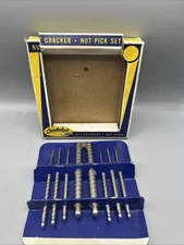 Vtg Quackenbush Nut Cracker and 6 Nut Pick Set In Original Box Shell Fish Tool