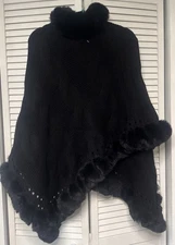 SASSO + SMYTH Poncho Cape Faux Fur Trim in Black  One Size NWT