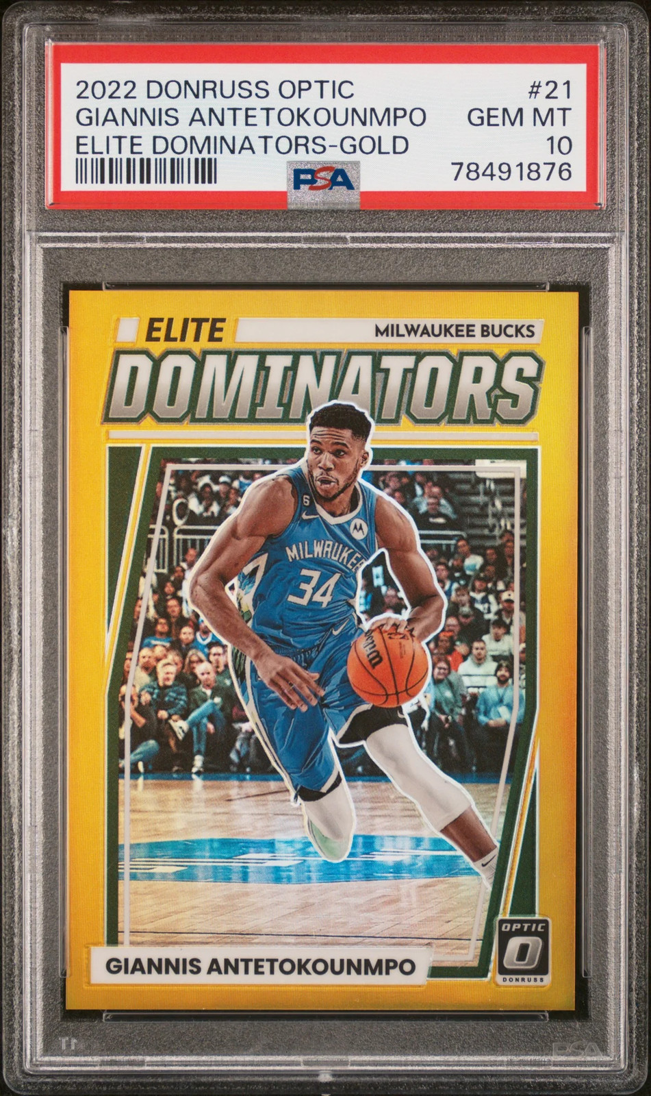 2022 Panini Donruss Optic Elite Dominators Giannis Antetokounmpo #21 Gold PSA 10 view 1