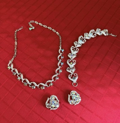 Vtg Aurora Borealis Rhinestone Necklace Bracelet Earrings Set Silver Tone MCM