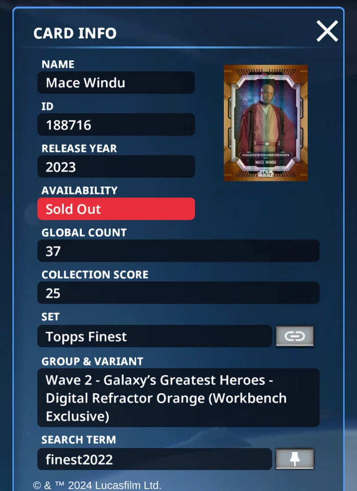 Mace Windu Finest Refractor Orange Legendary Topps Star Wars Trader digital card - Image 3 of 4