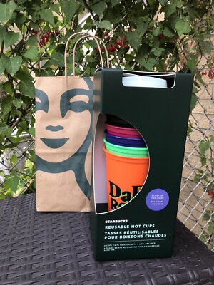 Starbucks 16 OZ Grande Reusable Hot Cups 6 Pack With Glow-In-The-Dark Lids NEW!