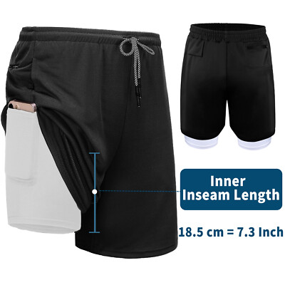 2 in 1 Kurze Herren Sport Shorts Sporthose Fitness Eingebaut Taschen Laufshorts