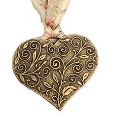 Victorian Style Brass Heart Pendant Choker Necklace - Floral Motif  Ribbon Ties
