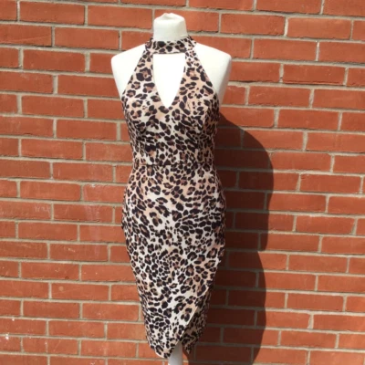 New Look Petite Brown Leopard Print Cut Out Funnel Neck Dress. Size: 10 - Image 1 of 4