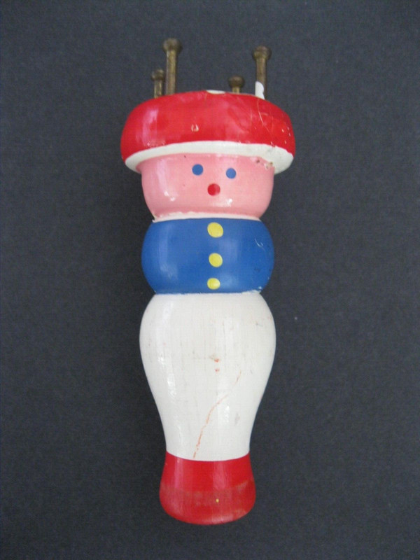 Vintage Hand Painted Wooden Knitting Bobbin Lady Red White & Blue Doll Pink Face