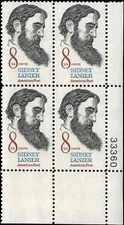 US Scott # 1446, Sidney Lanier, Plate Block of (4) 1972 8¢ Stamps, MNH
