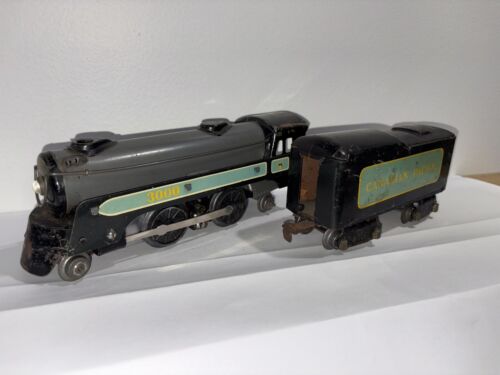 Marx CP 3000 Loco & Tender Blue/Yellow. Runs. 1-way Coupler Tin Train Car.
