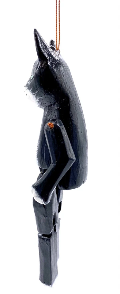 Adorno marioneta gato negro tallado y pintado a mano madera recuperada Foto 3 de 4