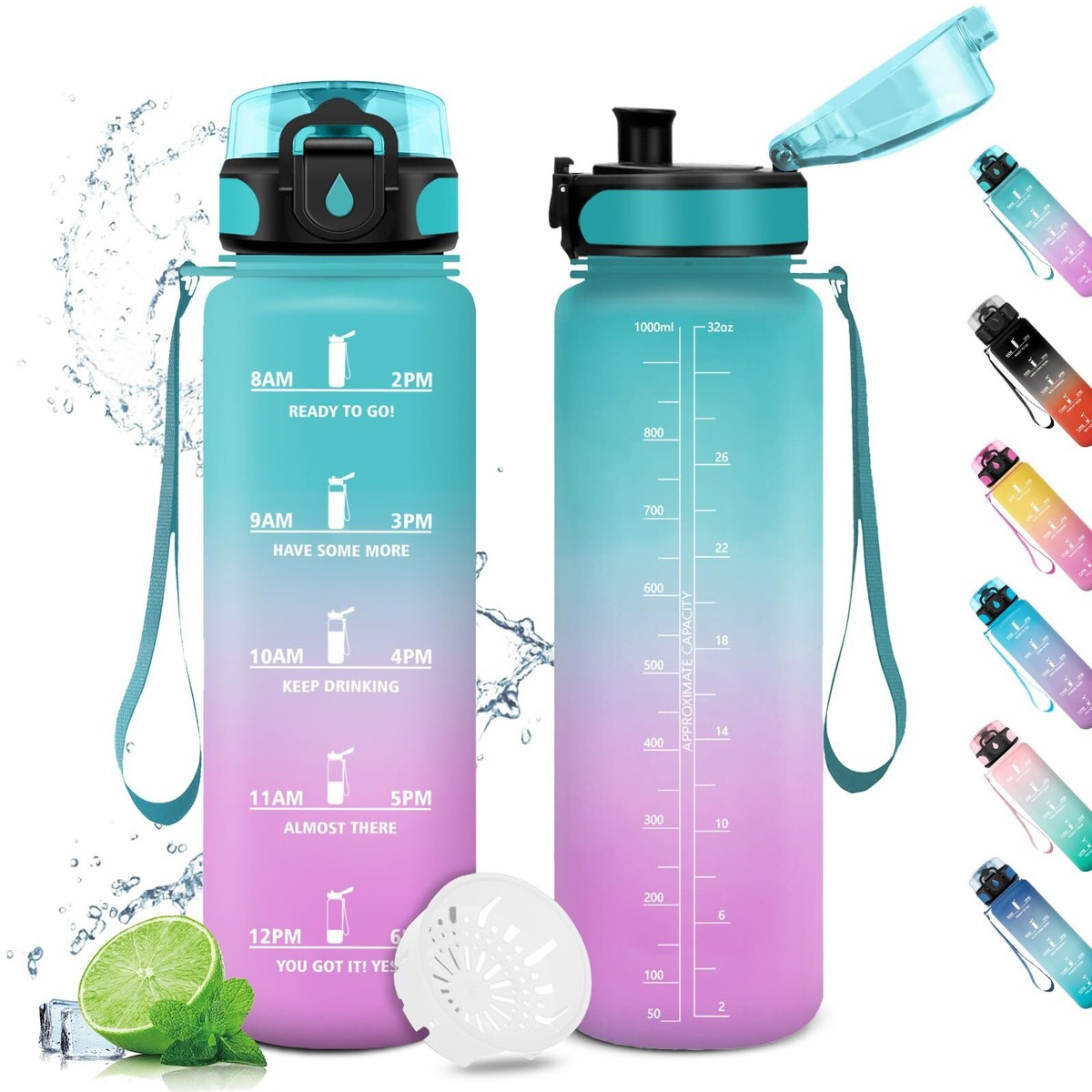 Wasserflasche Sport 1L Motivierende Trinkflasche mit Zeitmarkierung Auslaufsi
