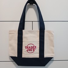 Trader Joe's NWT Ltd Ed Mini Canvas Collectible Tote Bag, In Hand, Nat/Navy Blue