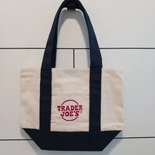 Trader Joe's NWT Ltd Ed Mini Canvas Collectible Tote Bag, In Hand, Nat/Navy Blue