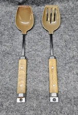 Vintage Unbranded Nylon Spatula Flippers Spoon Slotted Wood Handle Kitchen 