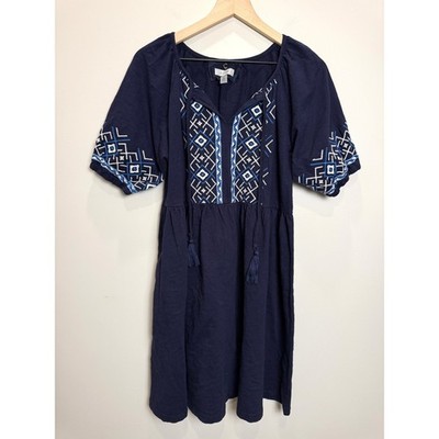 Cupio M Navy Blue 100% Cotton Tunic Dress Short Sleeve Embroidered Tassel Boho