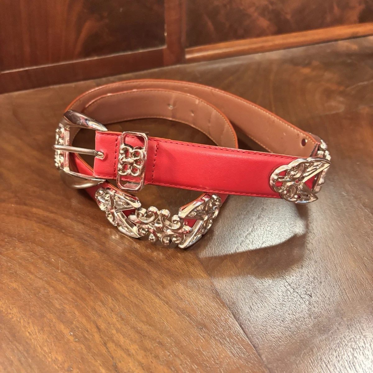 Vintage 90s Womens‎ Silver Concho Southwestern Animals Red Leather Belt 37” M Belt, A Vintage, Concho, Blue Gem Turquoise, Old Pawn, circa  main image 3