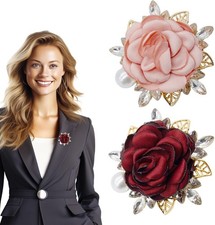 2 Pcs Rose Flower Brooch Pin for Women Men Elegant Boutonniere, Handmade Crystal