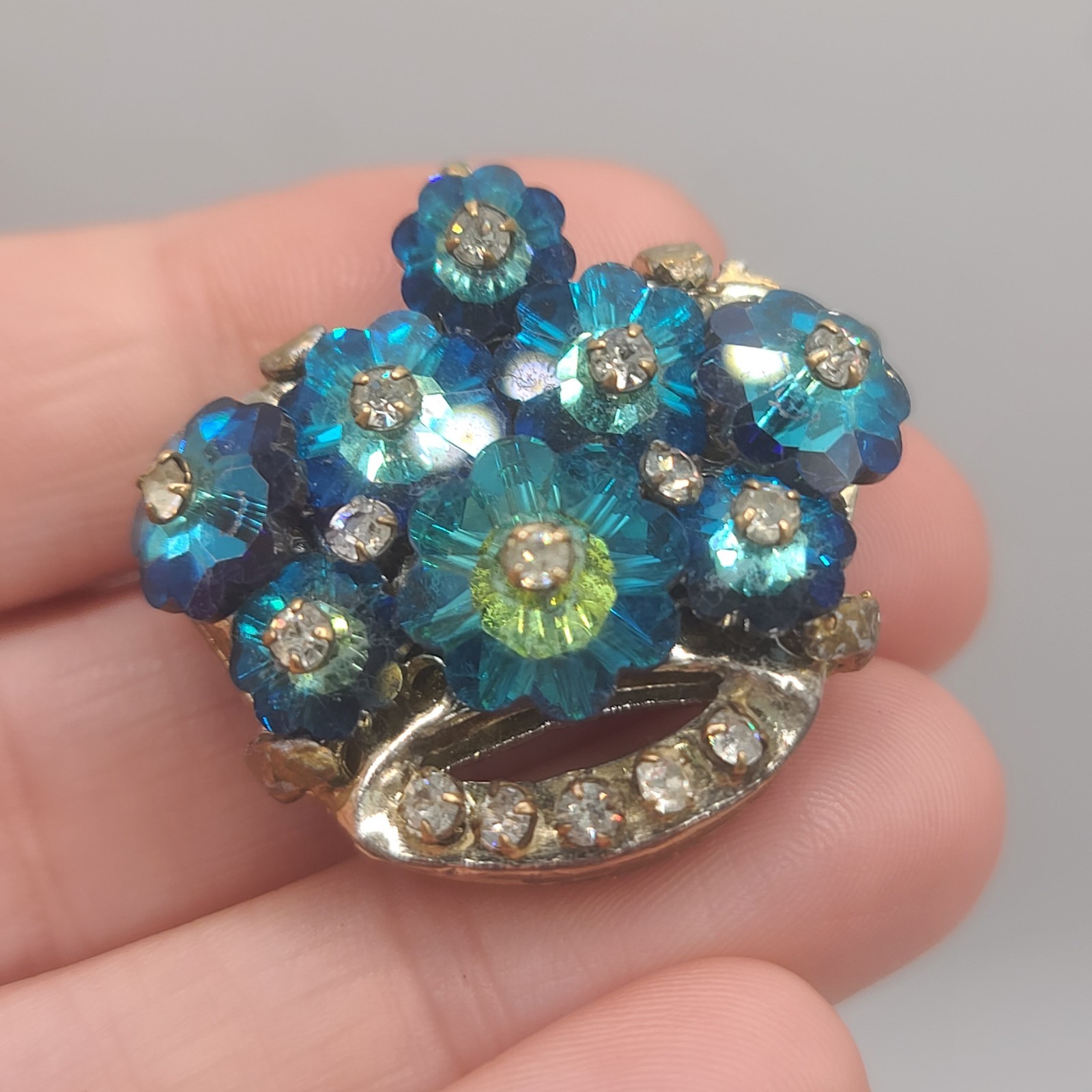 Vintage Margherita Rivoli Brooch Blue Rhinestone 
