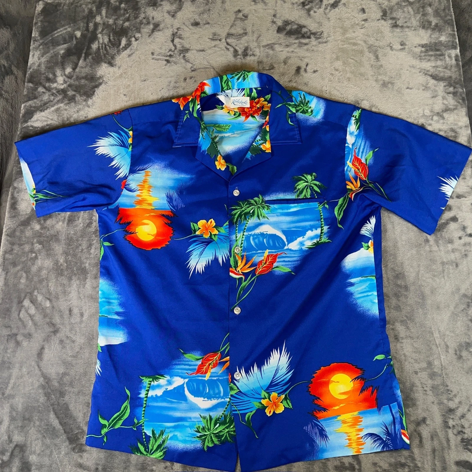 Vintage Kolekole Hawaiian Shirt Mens Medium Blue Tropical Aloha USA Hawaii 90s