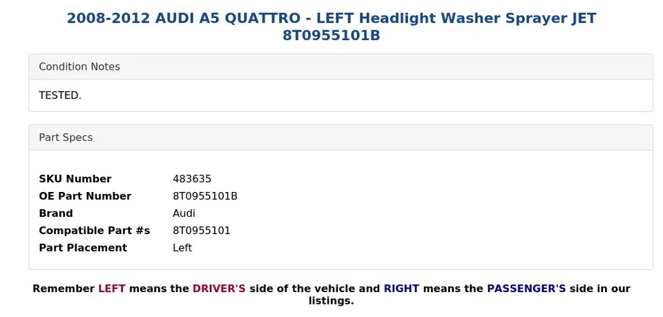 2008-2012 AUDI A5 QUATTRO - LEFT Headlight Washer Sprayer JET 8T0955101B - Image 3 of 4