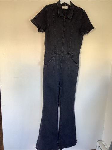 We The Free L Black Maba Denim Bell Jumpsuit Cowgirl Boho Retro New - Picture 2 of 14