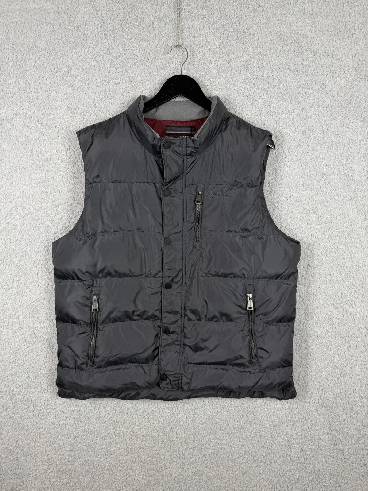 ORVIS Vest Jacket Mens L Gray Red Essex Duck Down Puffer Pockets Full Zip