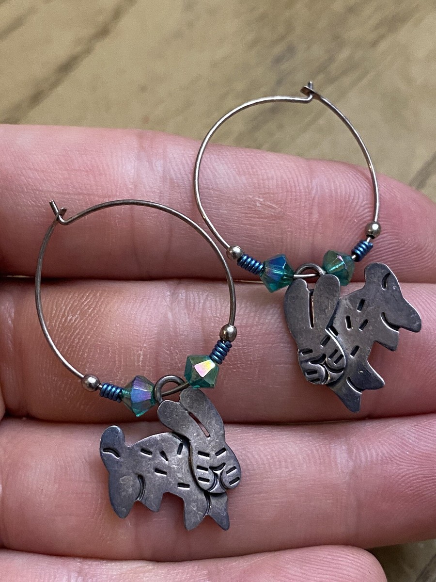 Signed Far Fetched Sterling Silver 925 Bunny Rabbit Hare Dangle Hoop  Earrings