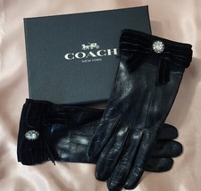 Vintage COACH Black Leather Silk Lined Gloves Velvet Bow W/Rhinestone Sz 7