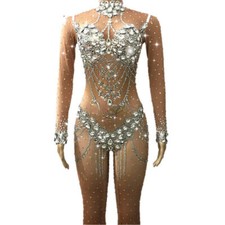 Crystals Jumpsuit Outfit Nightclub Party Dance Wear Rhinestones Bodysuit Costume