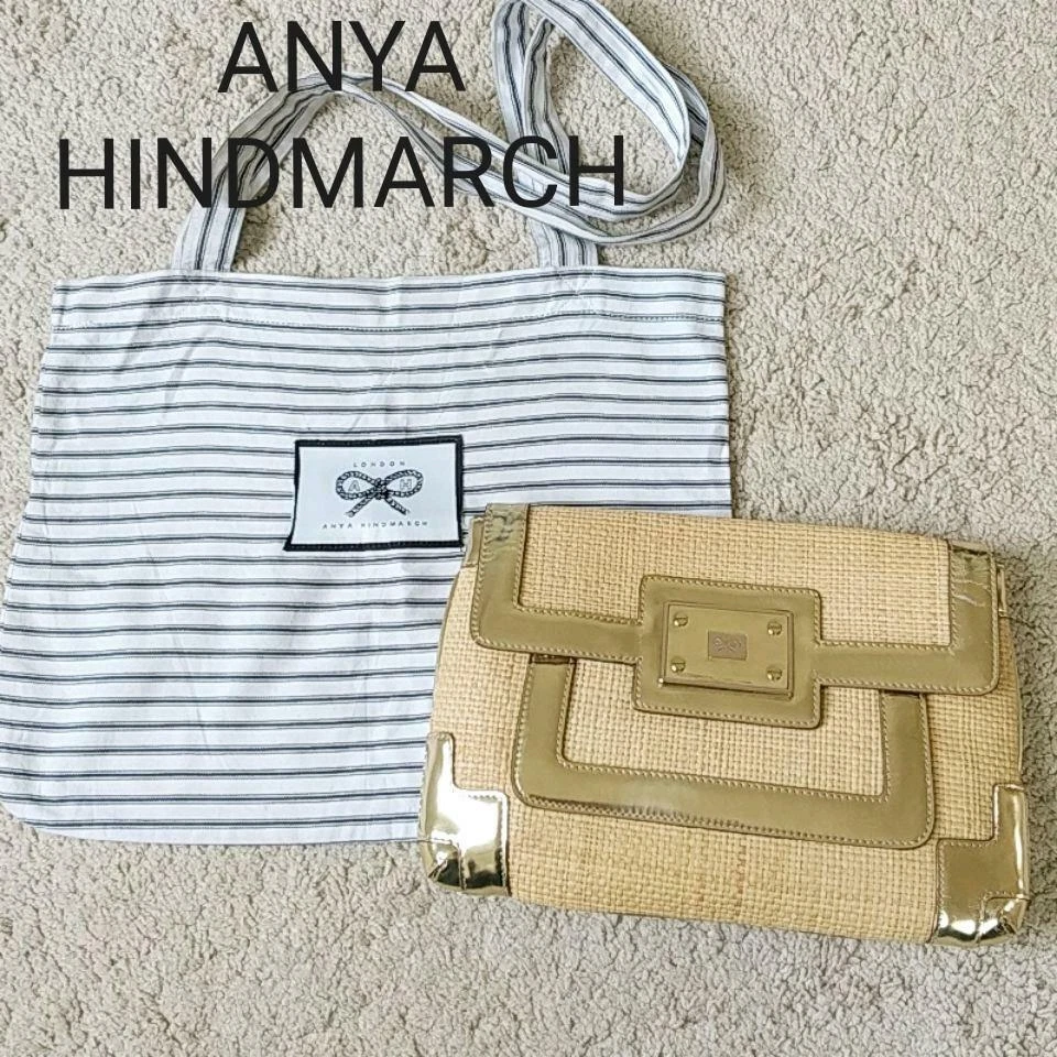 ANYA HINDMARCH Straw x Leather Women's Clutch Bag Size 30x20x3cm Beige/Gold USED