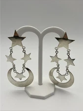 VINTAGE Sterling Silver Moon And Stars Long Dangle Drop Post Earrings