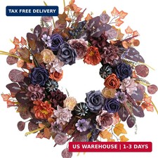 24inch Fall Wreaths for Front Door, Autumn Wreath with Purple Rose Orange Peony