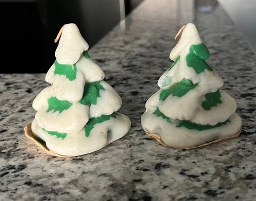 Vtg Gurley 2 GREEN/WHITE Christmas TREES With Glitter 2.5" X 2.25" - product listing photo