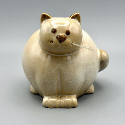 Light Yellow Sitting Fat Cat Kitty Ceramic Bank Figurine Whiskers 4  Roll- Poly