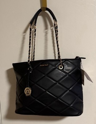 Ellen Tracy The Smooth Diamond Quilted Tote Chain Handles Black NWT
