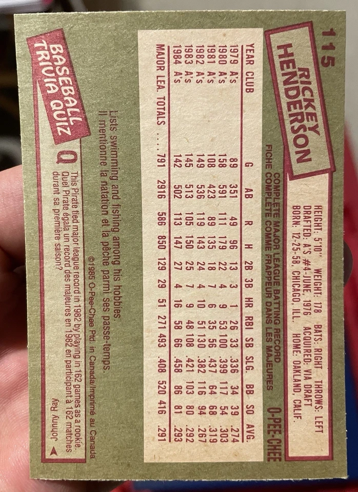 1985 年 O-Pee-Chee 棒球全套 (396) Kirby Puckett RC & Rickey Henderson — 第 4/4 张图片