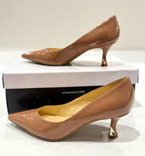 Nine West Women’s Patent Leather Pumps Glossy Beige Pointed Toe Kitten Heel 6 