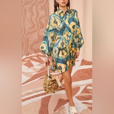 Ulla Johnson Jude Green Constellation Shirt Dress Size 0 Shibori Silk Tie Waist