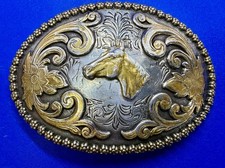 Horse Head Centered On Western Flower Swirl Ornate Nocona Belt Buckle