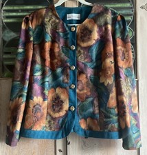Vintage Faux Suede Knit Blazer Gold Buttons Watercolor Botanical Floral Sz 14