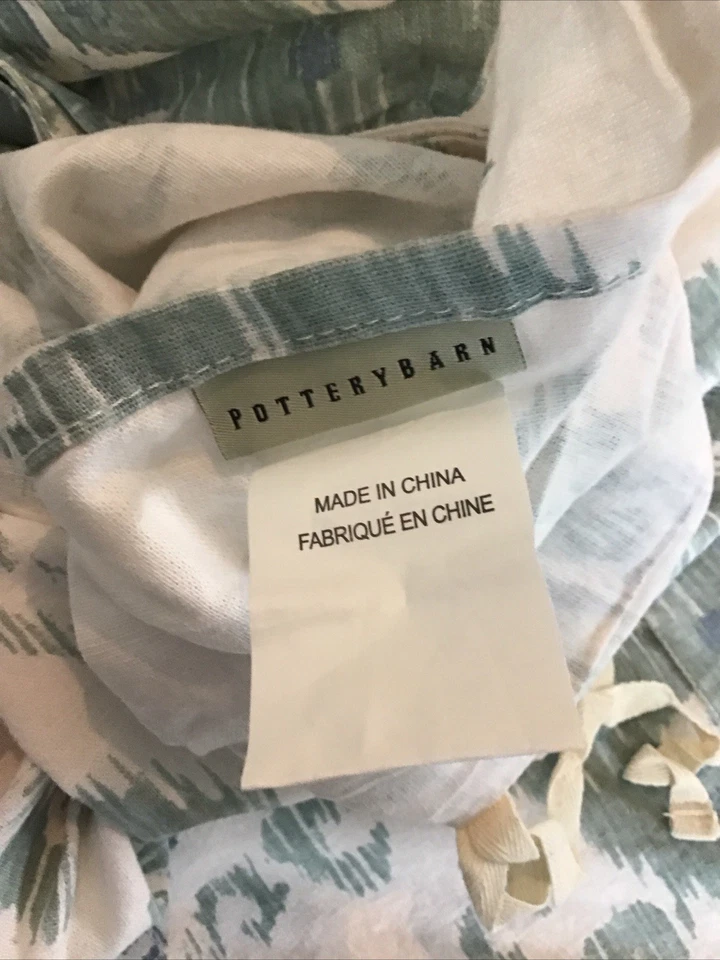 Funda nórdica Pottery Barn King azul, verde azulado, blanco IKAT lino mezcla algodón, rara Foto 4 de 4